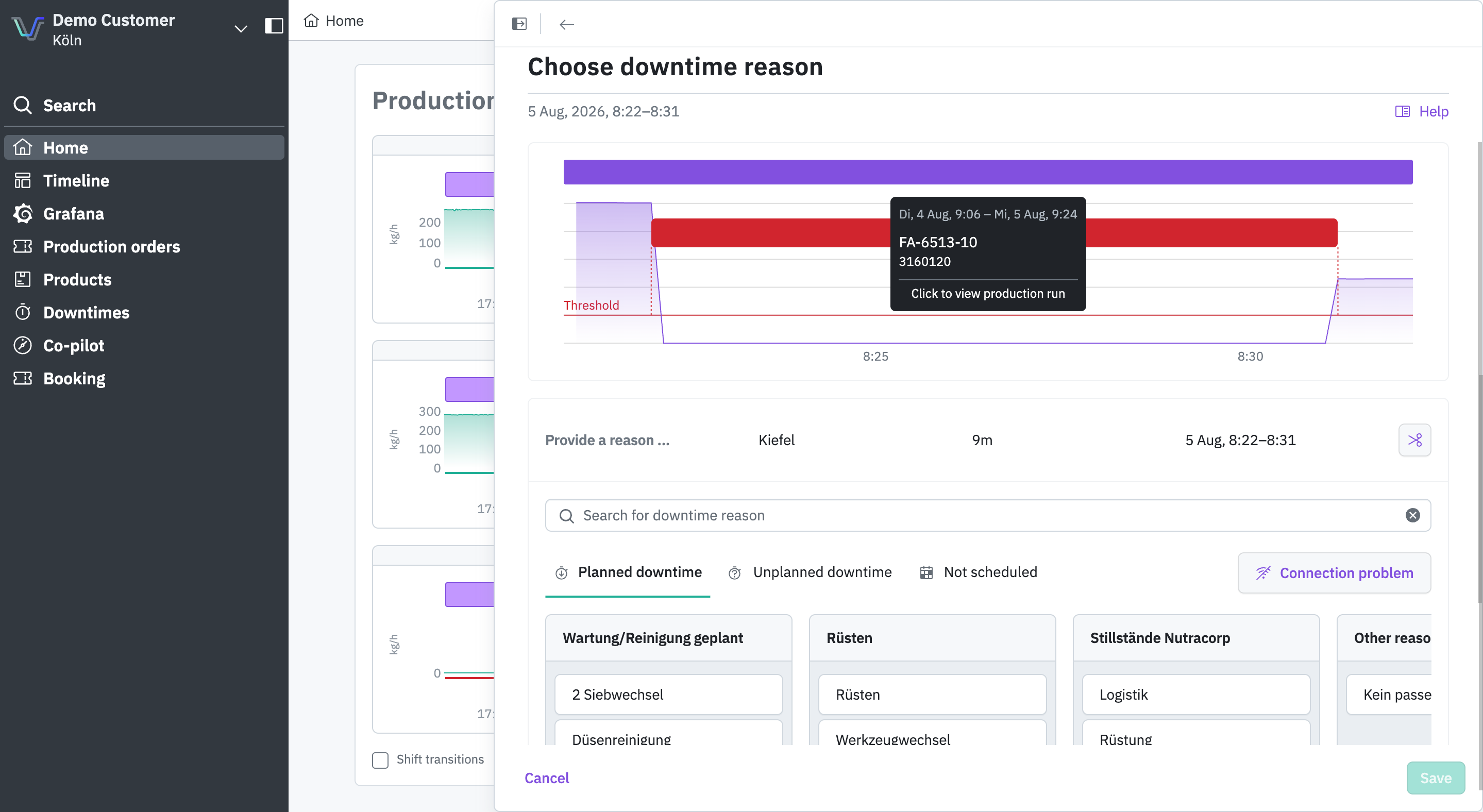 Choose downtime reason dialog with category tabs, search field, and the catalogue of reasons