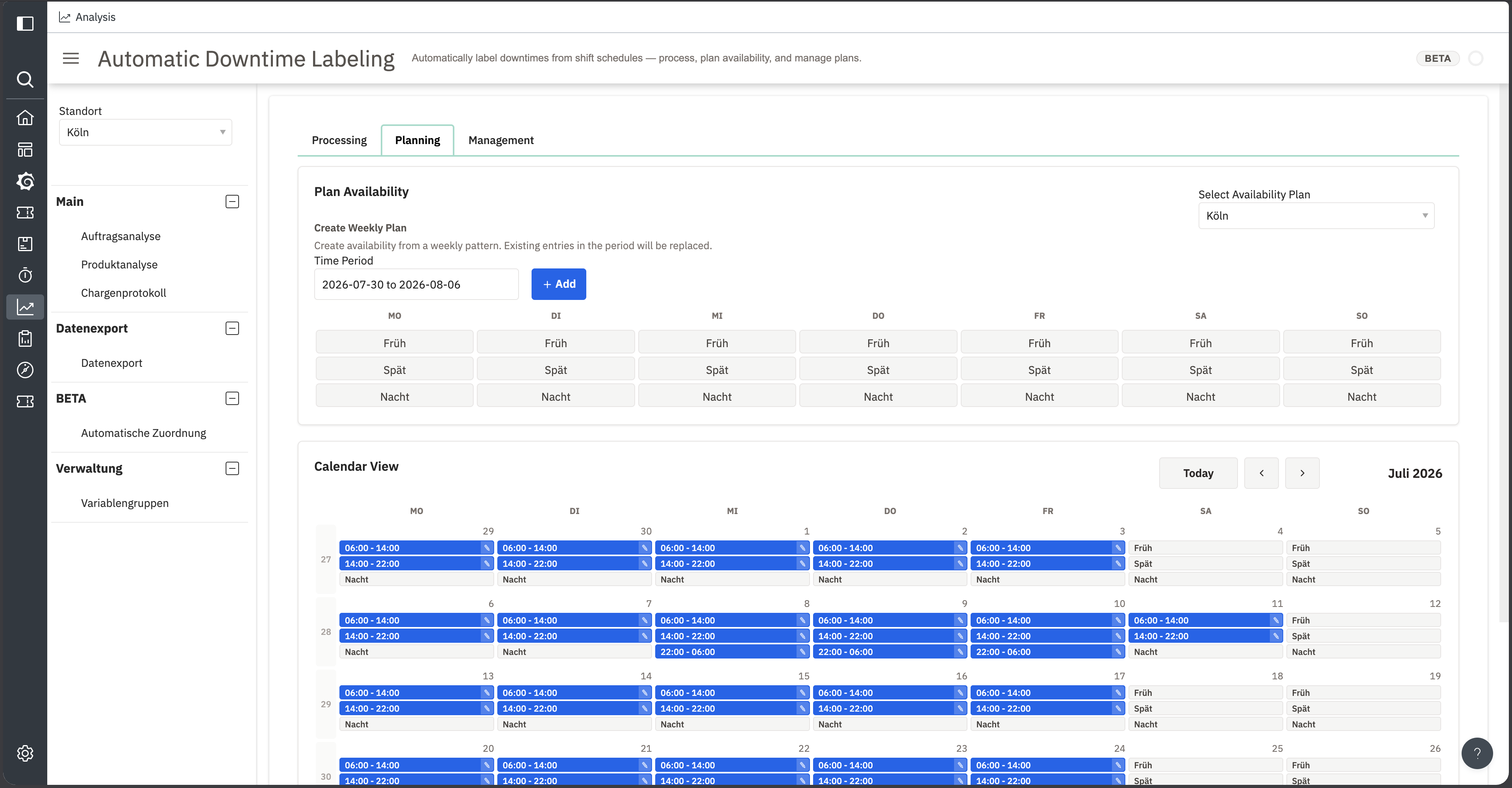 Planning tab with shift templates and shift calendar