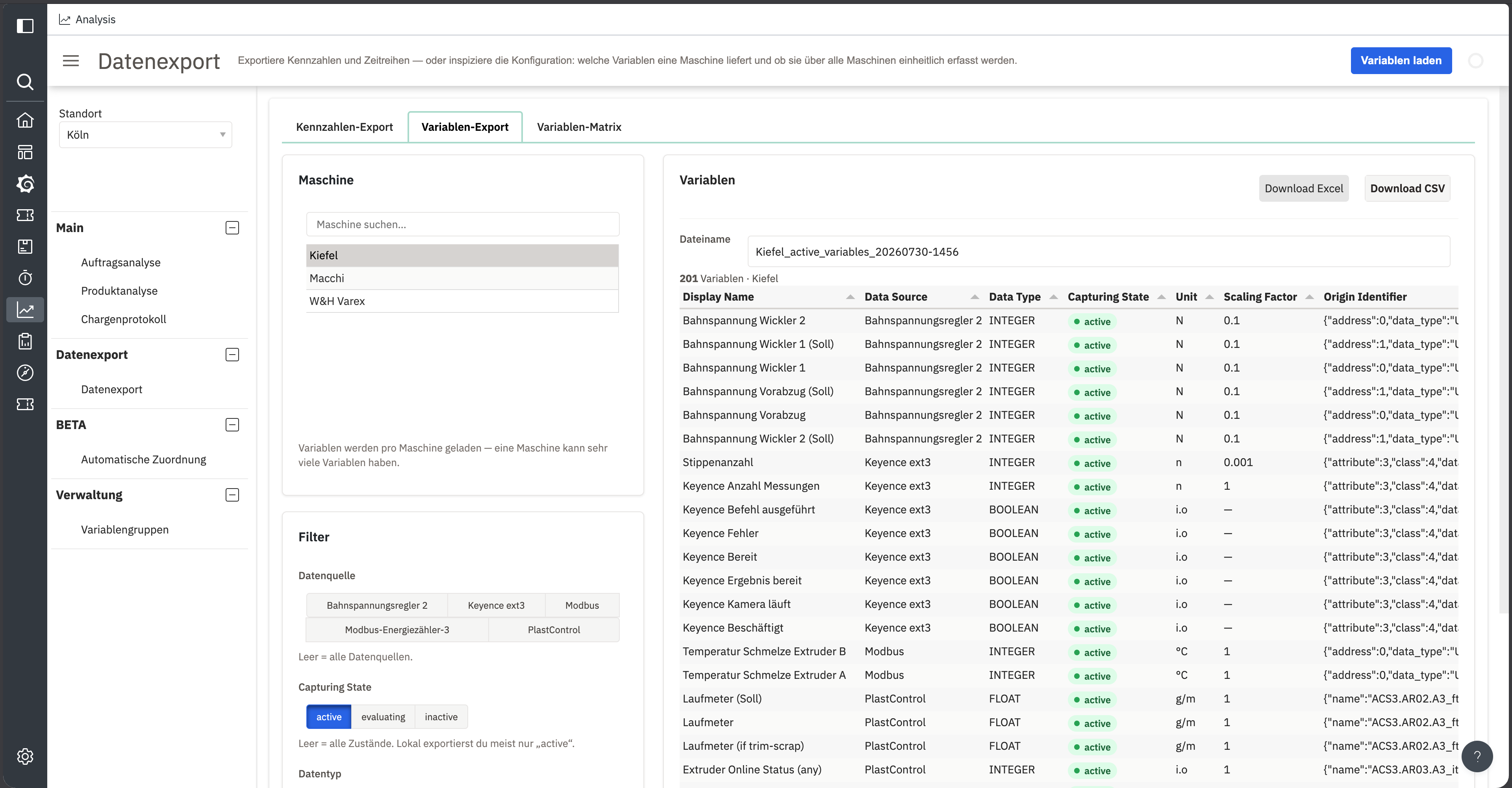 Variable export tab with machine selection, filters and a loaded variable table