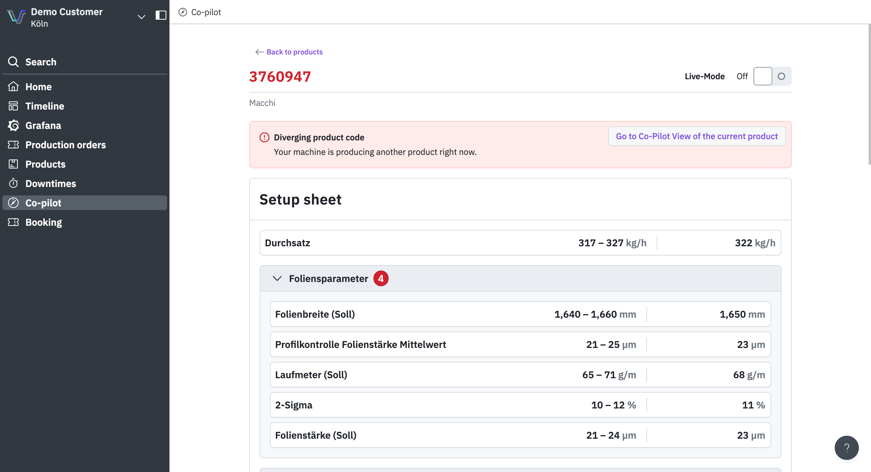 Static view of the Co-Pilot with the target values and tolerances from the setup sheet