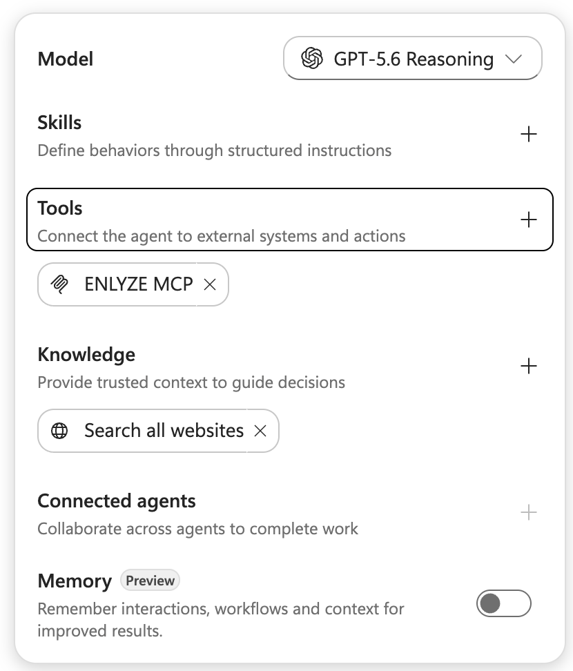 ENLYZE MCP in the agent's tool list