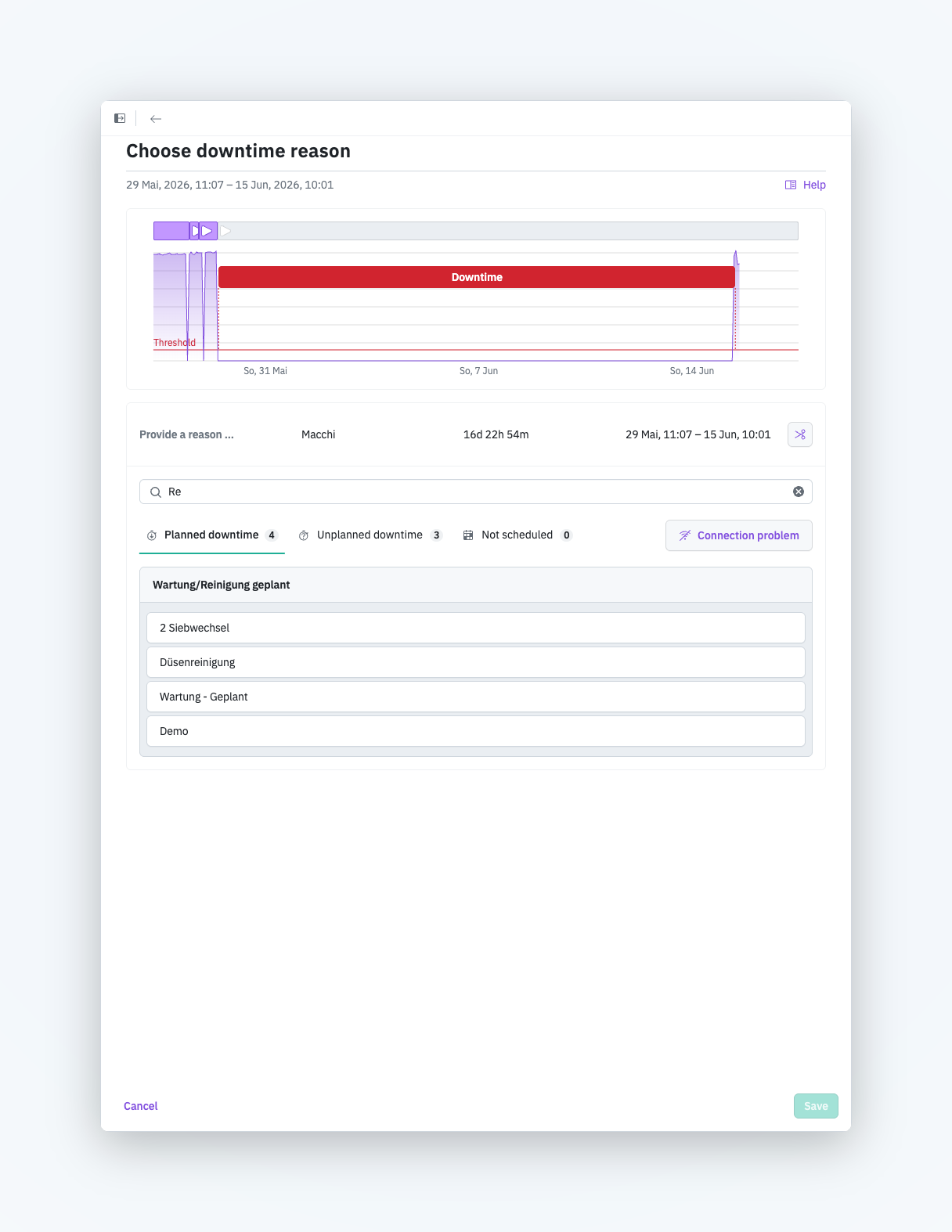 Search field in the reason picker showing filtered matches and per-category match counts