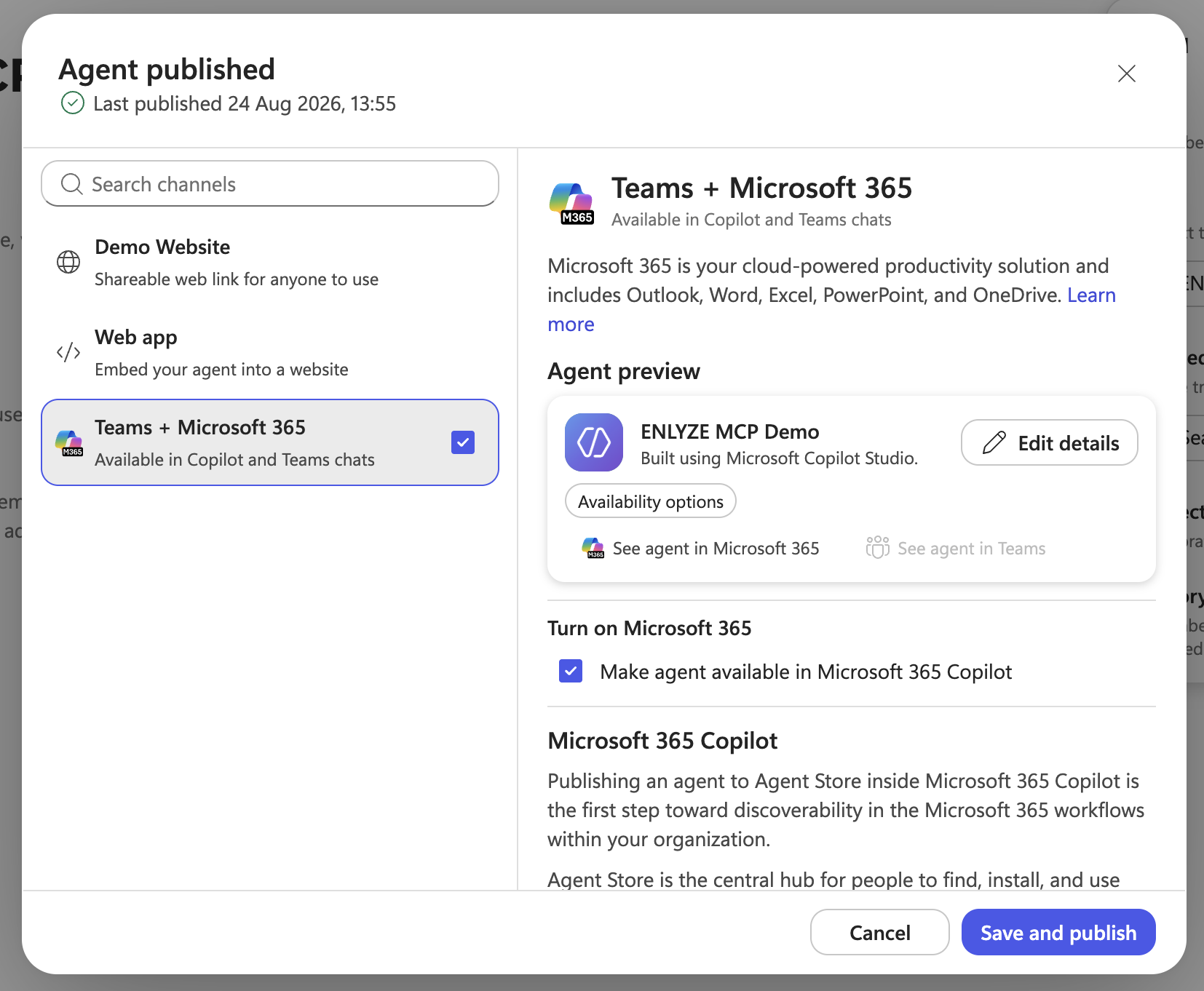 Publish details with the Teams + Microsoft 365 channel and the Make agent available in Microsoft 365 Copilot option