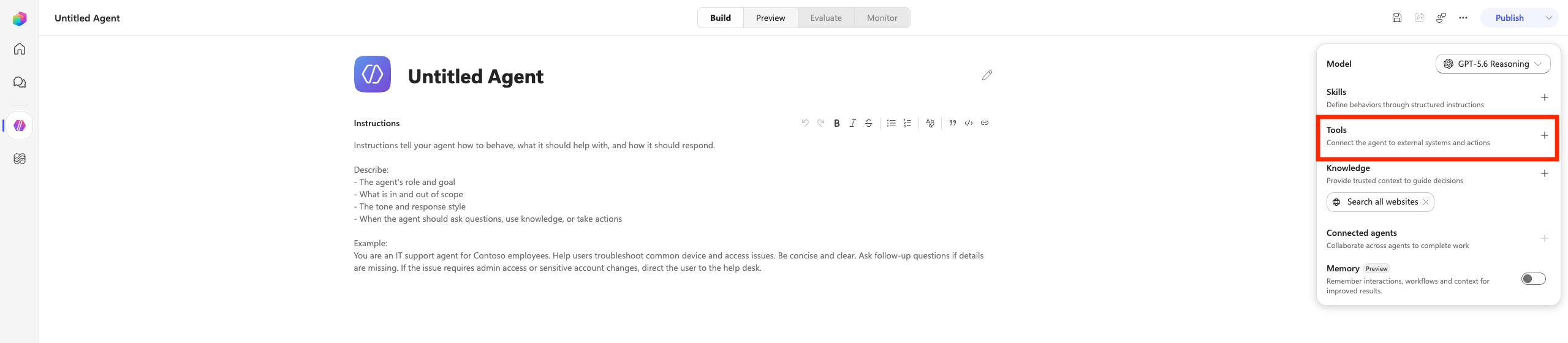 Tools section in the agent configuration