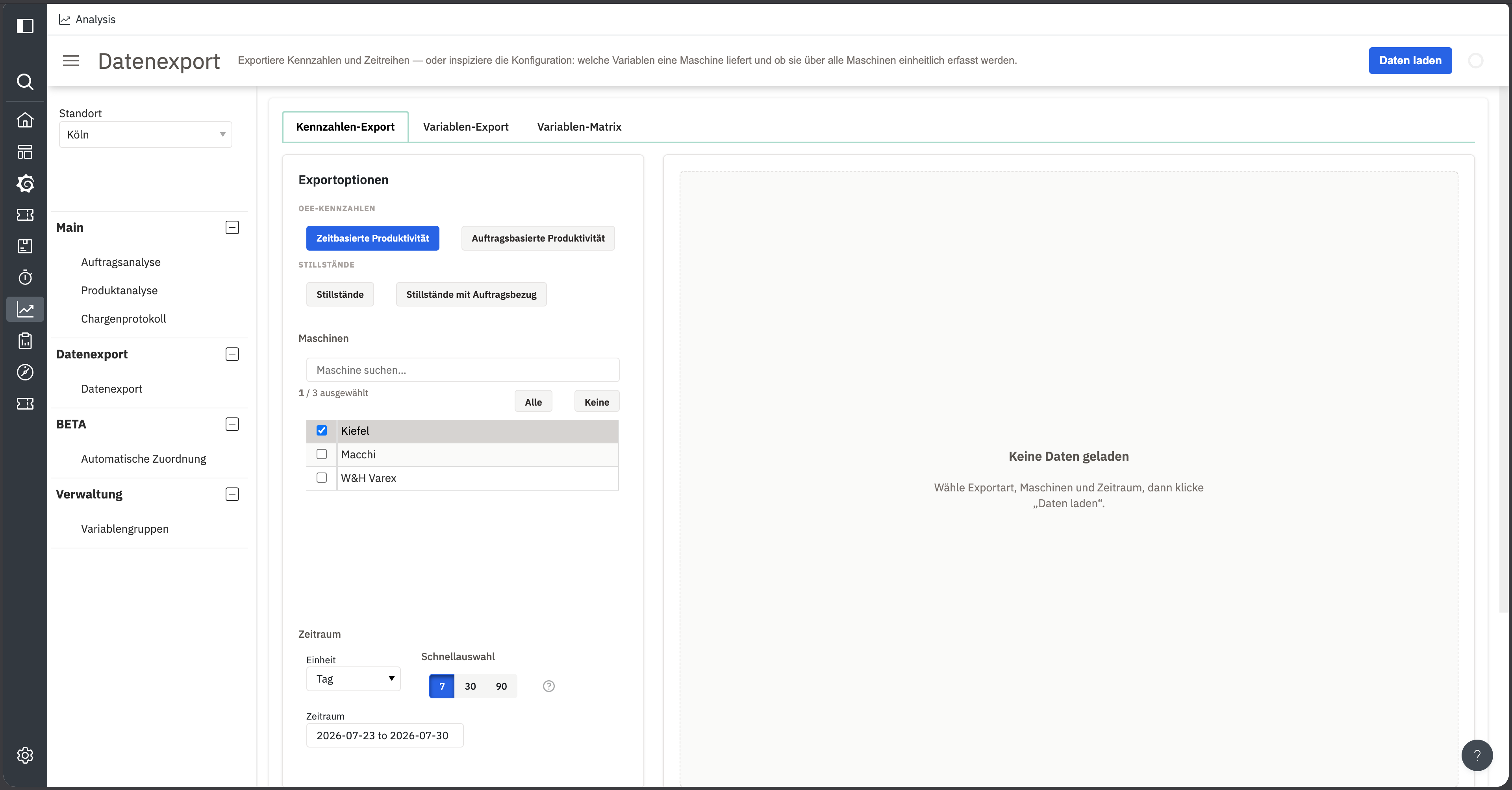 Metrics export tab with export options, machine list and time range selection