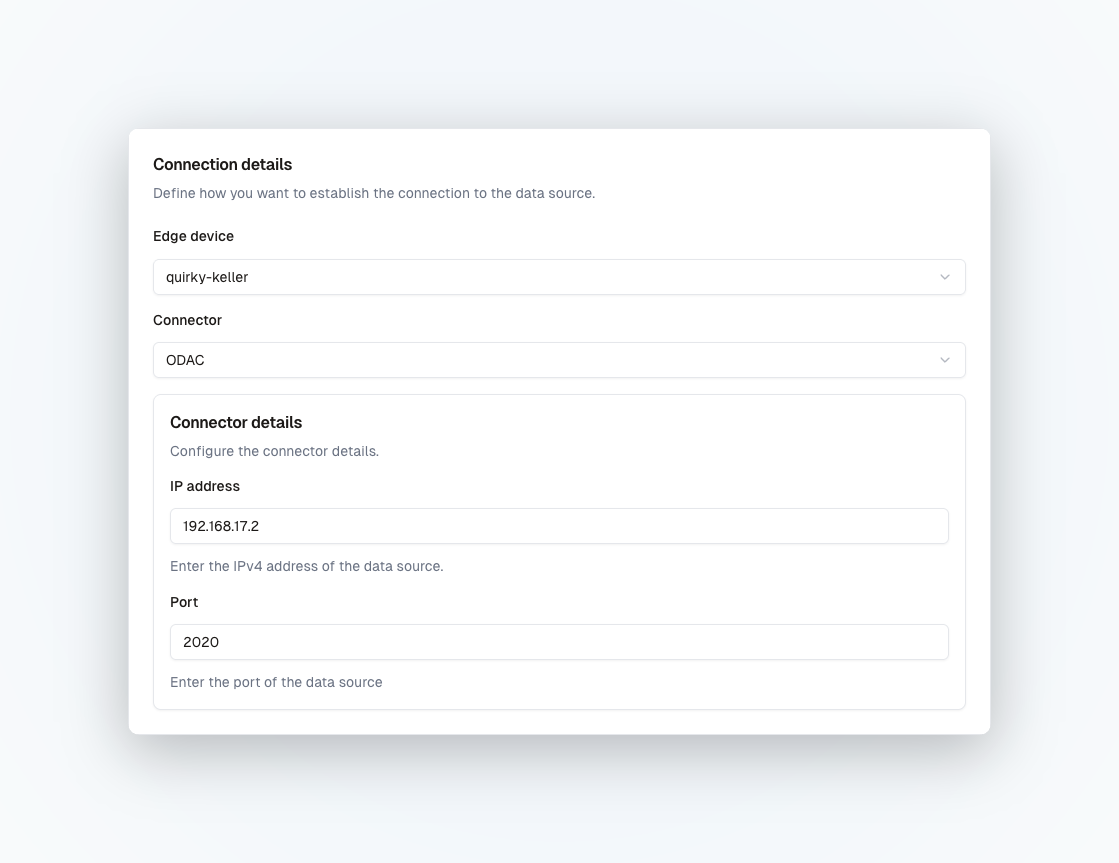 Connection details of an ODAC data source