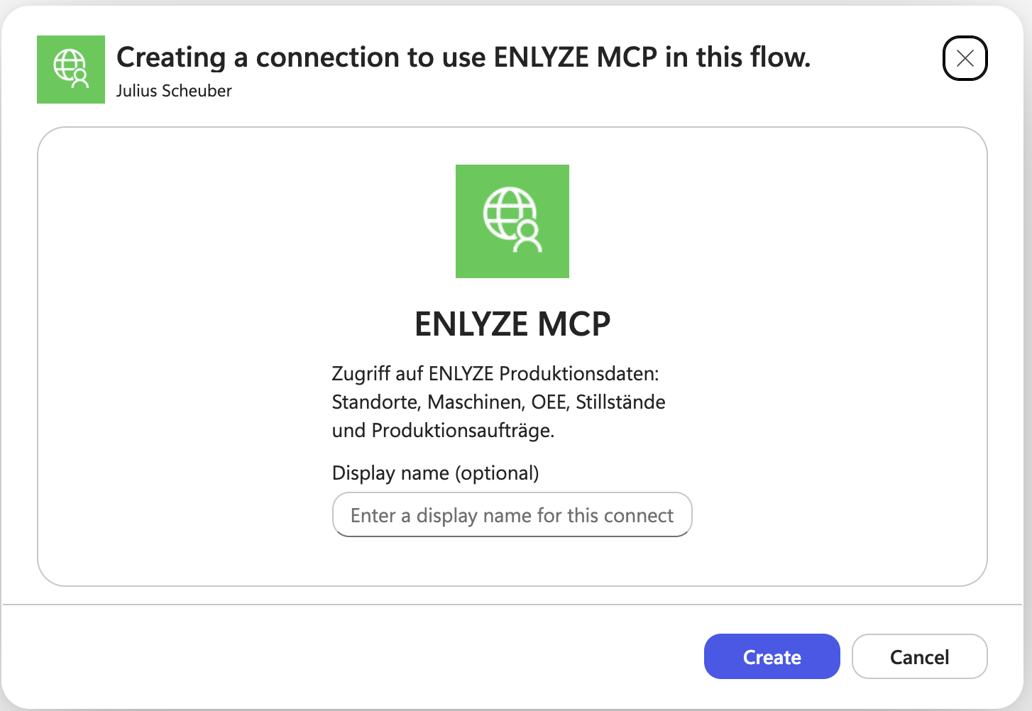 Dialog for creating the connection