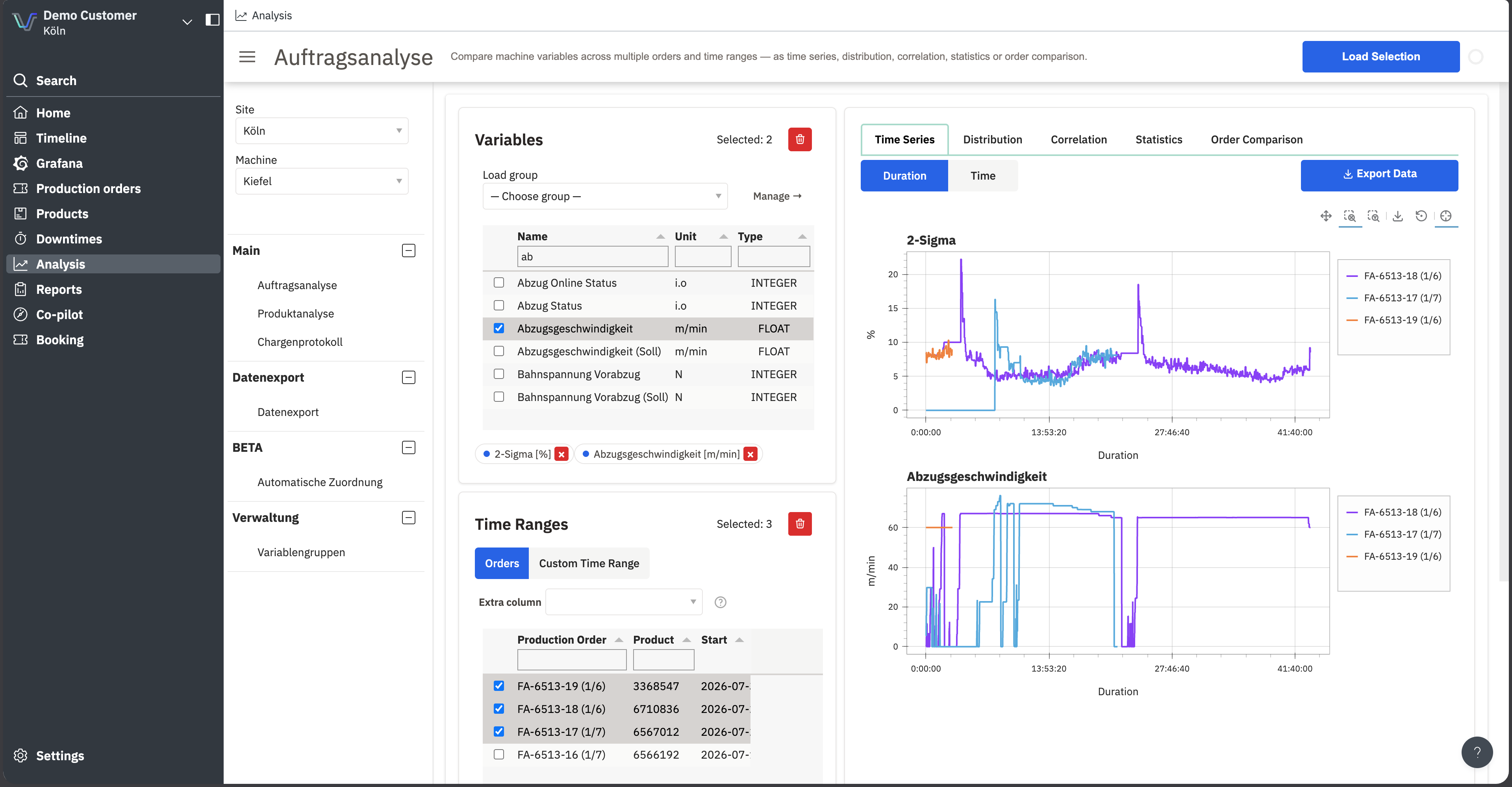 Production run comparison tab showing OEE metrics per production run