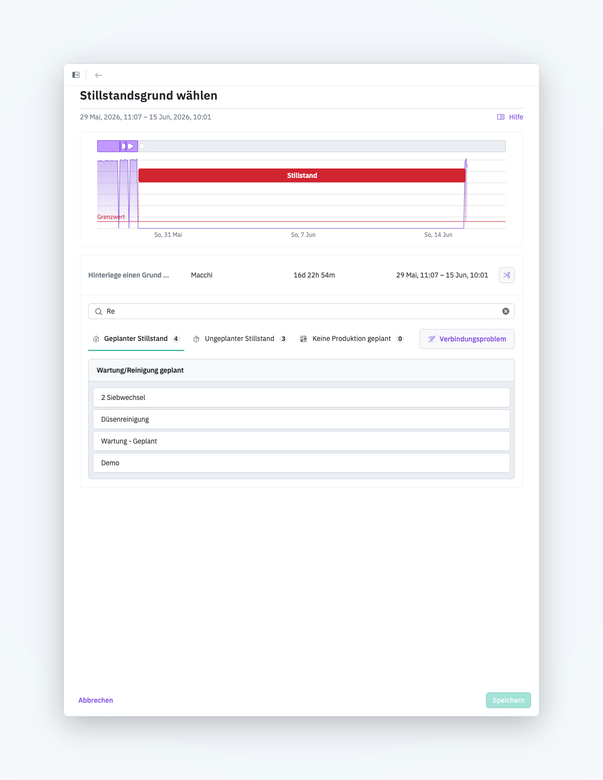 Search field for downtime reasons