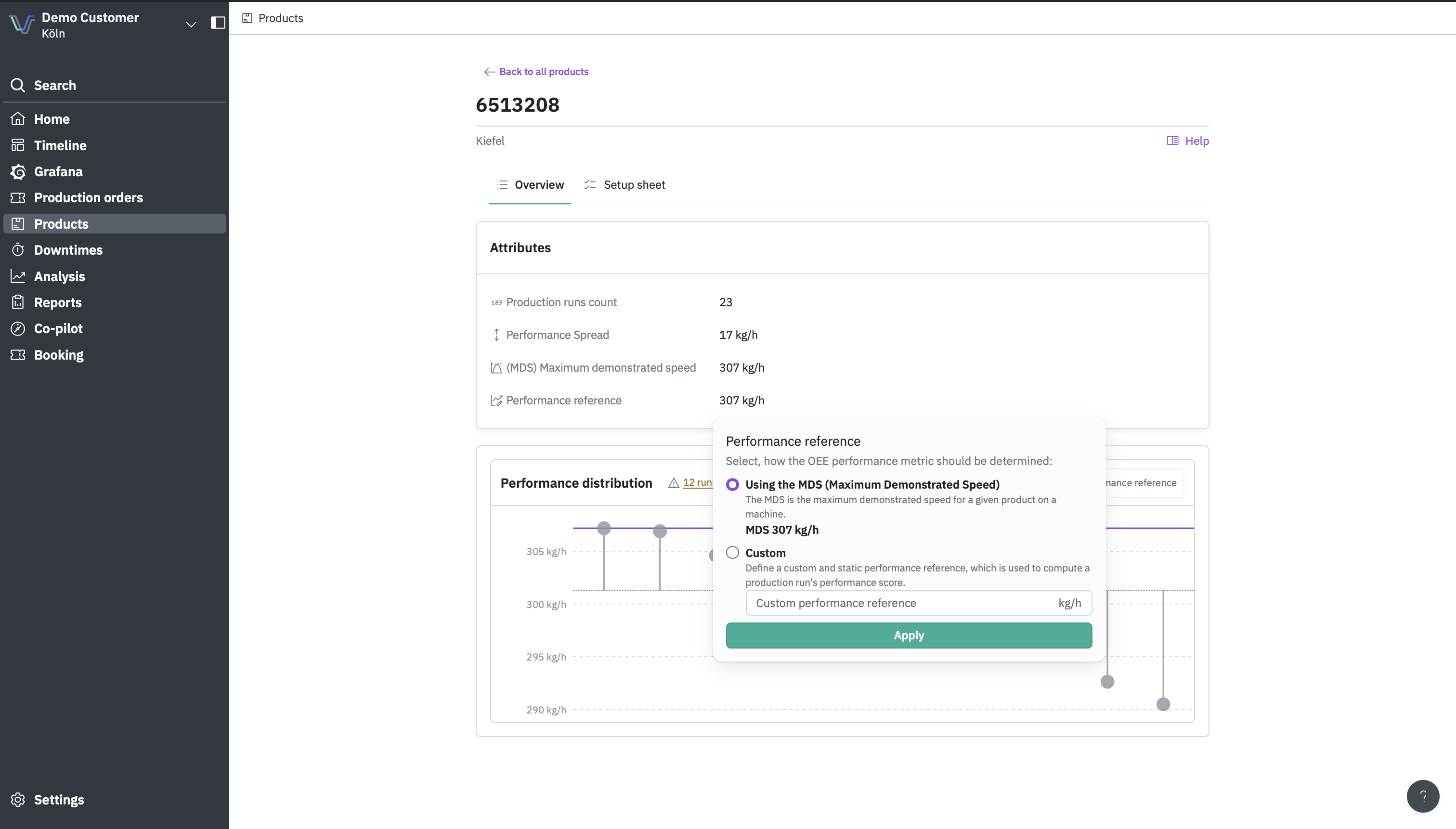 Dialog for selecting an automatic or custom performance reference